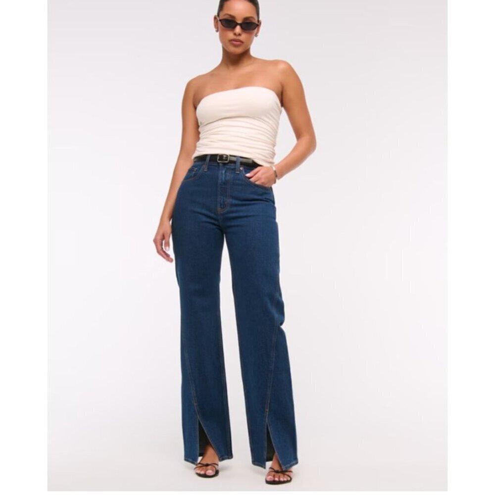 Abercrombie High Rise 90s Relaxed Split-Vent Hem Curve Love Jean Dark Wash 33